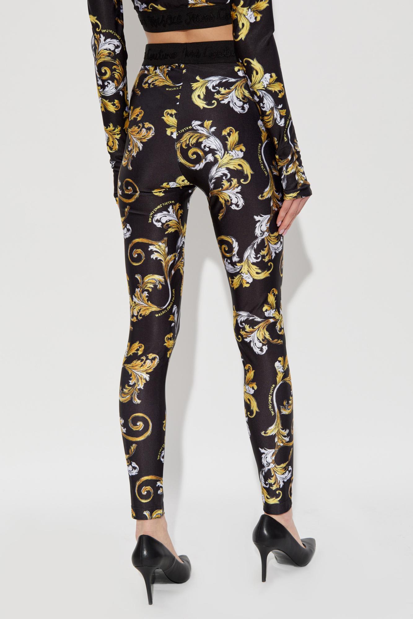 Versace Jeans Couture Black Leggings With Barocco Graphic Print In Black