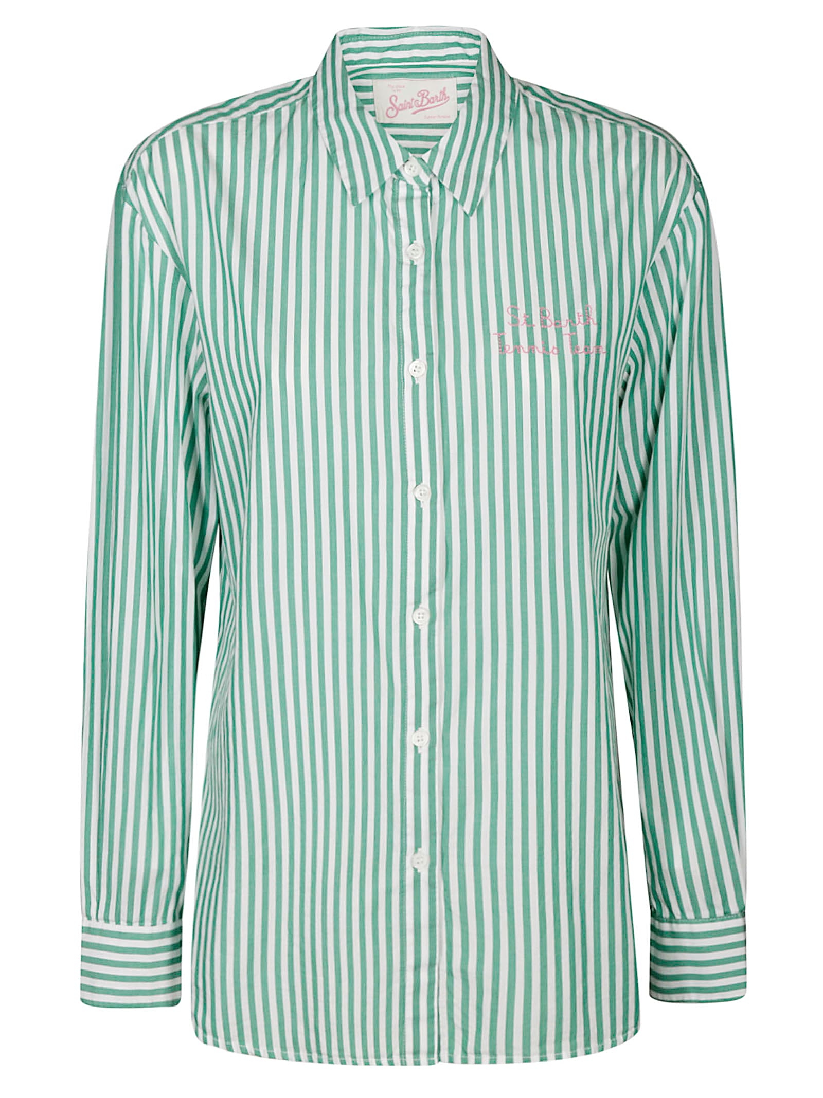 Mc2 Saint Barth Aqua Green Striped Shirt With Embroidered Details In Green