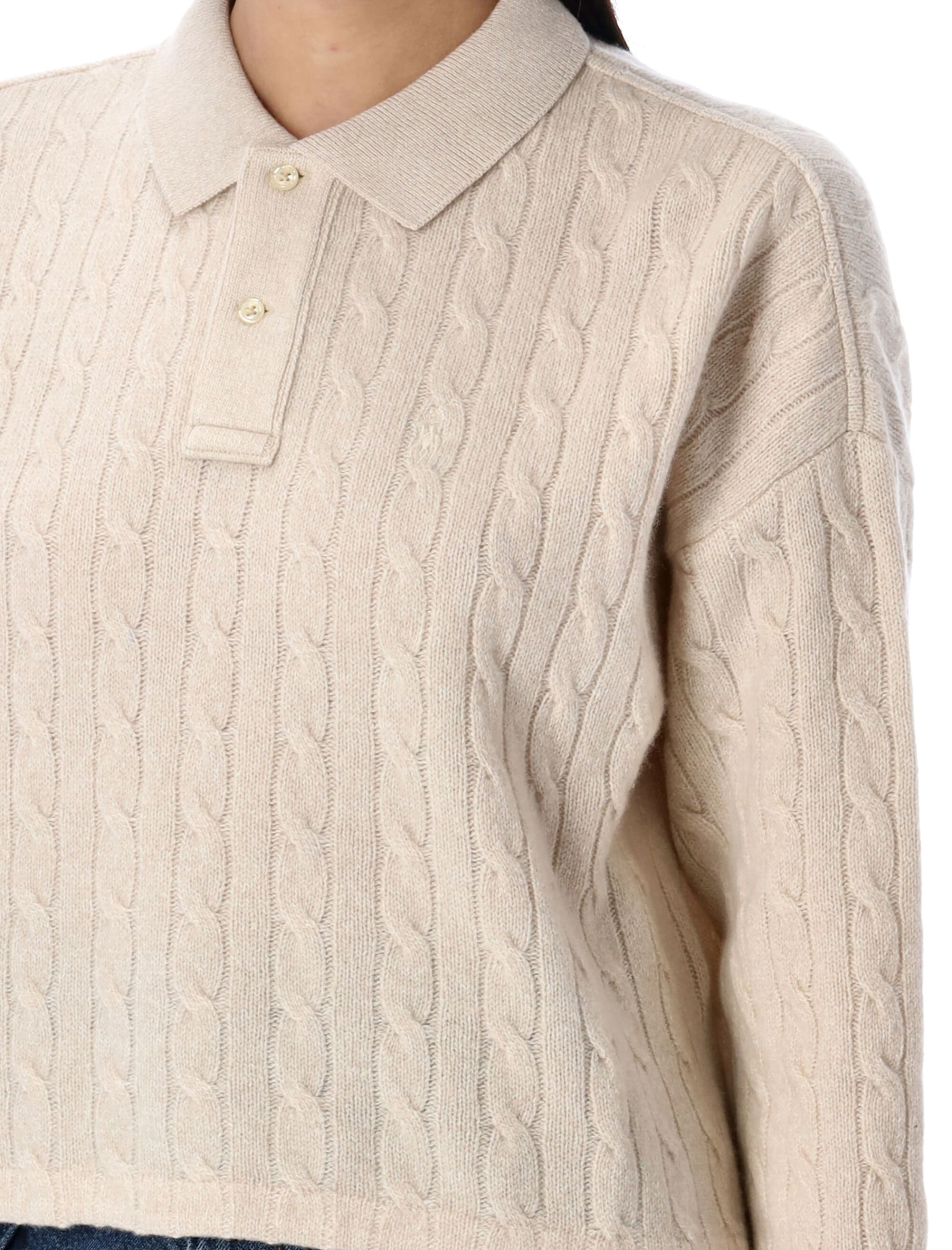 Shop Polo Ralph Lauren Cable Knit Polo Jumper In Beige