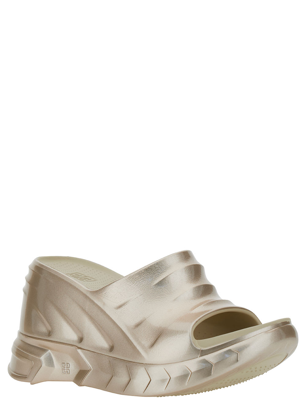 Shop Givenchy Marshmallow Gold-toned Wedge Sandals With 4g Logo In Laminated Rubber Woman In Metallic