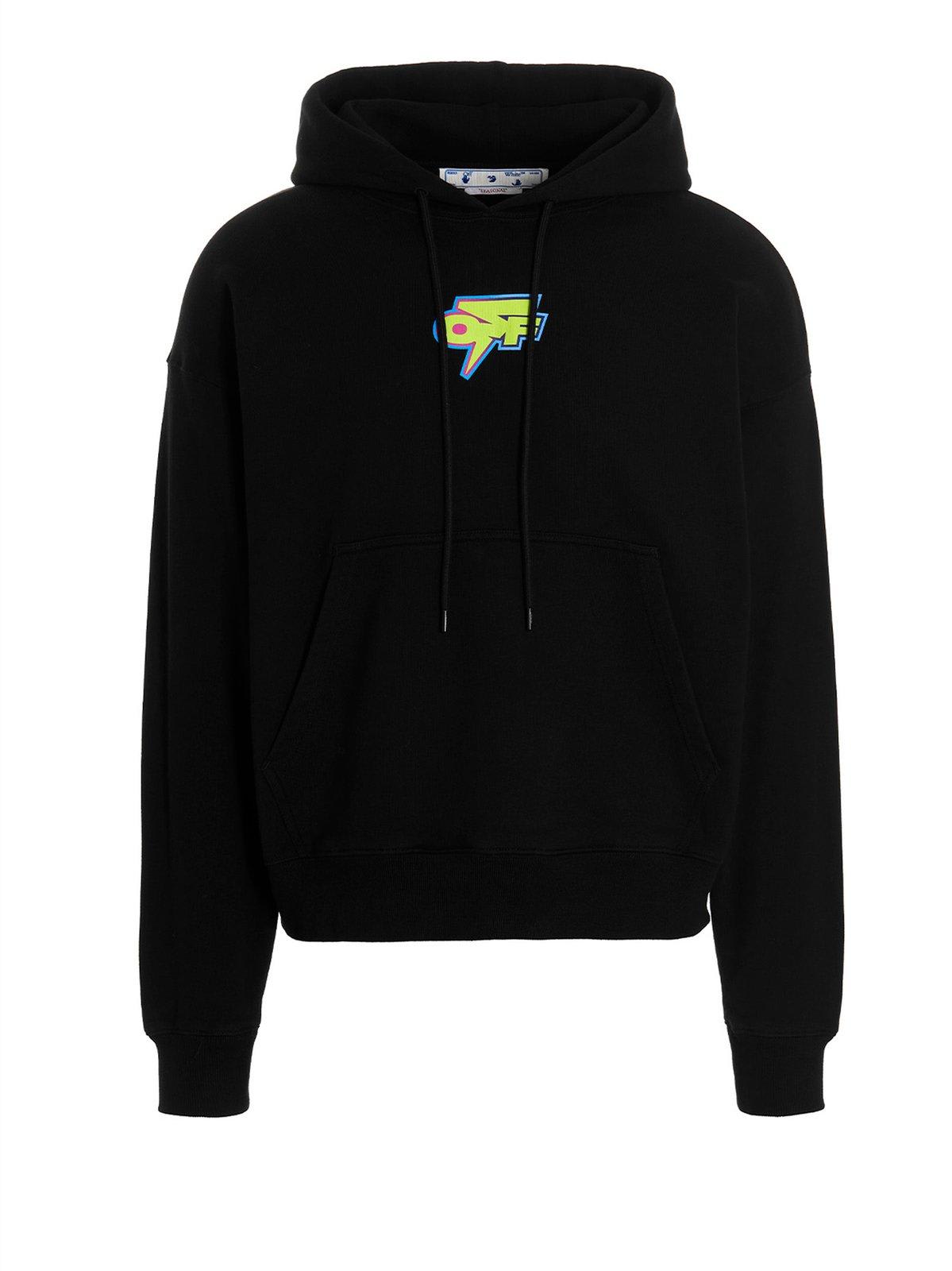 Off-white Logo Printed Drawstring Hoodie In Nero