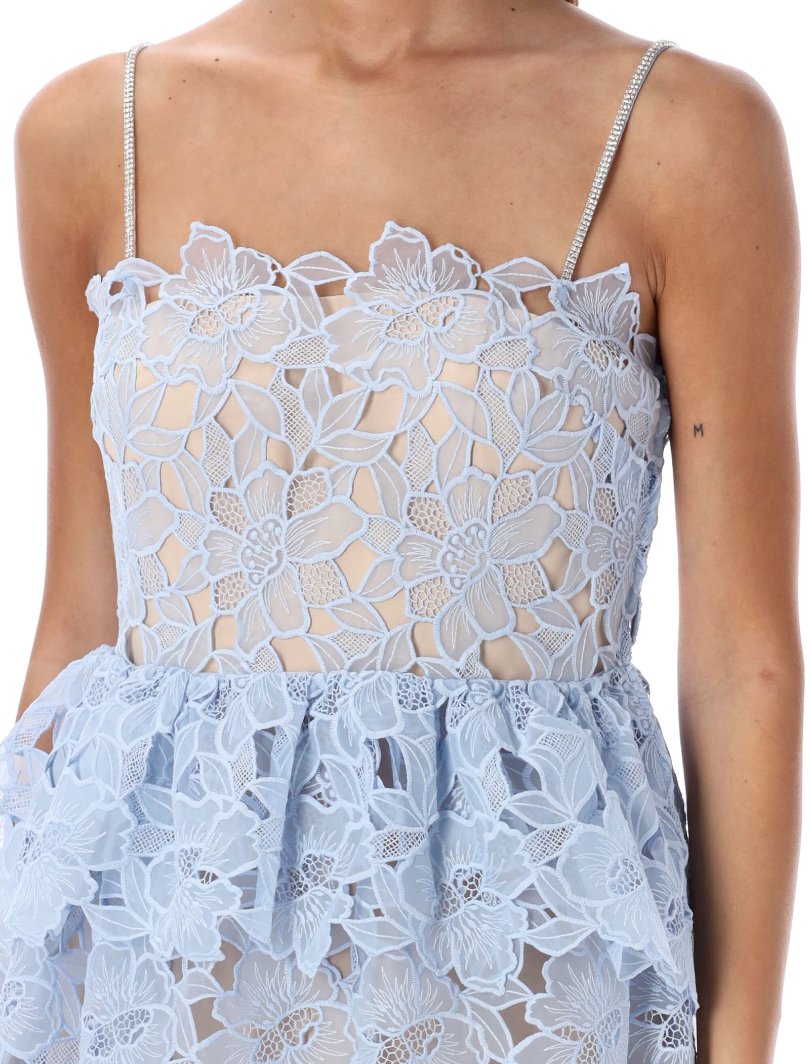 Shop Self-portrait Organza Lace Mini Dress In Light Blue