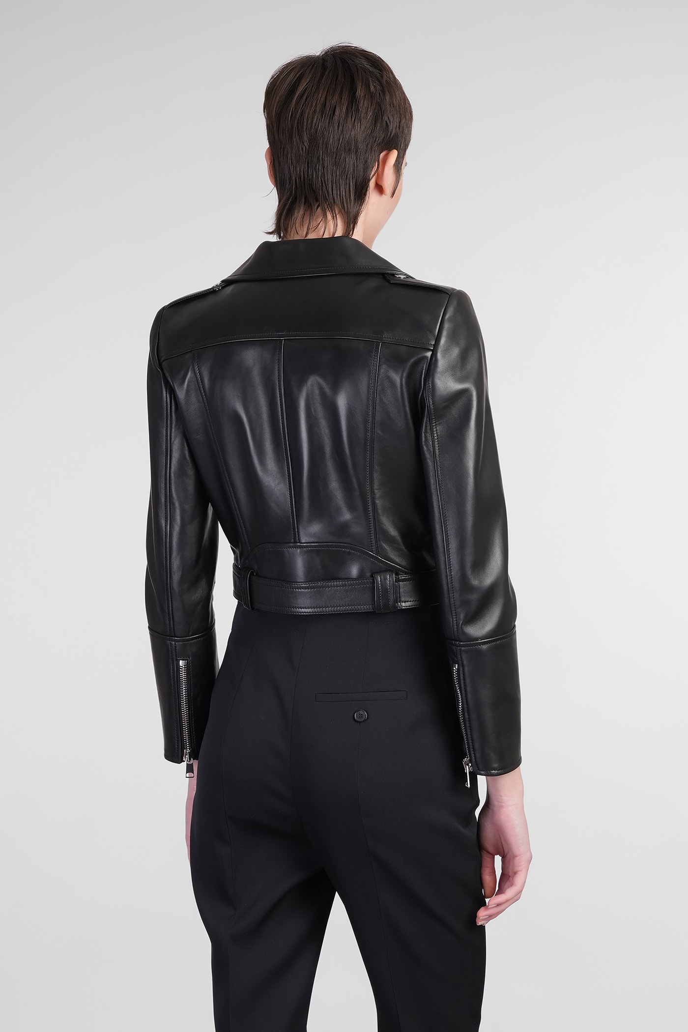 Alexander Mcqueen Black Cropped Biker Jacker With Matching Belt In Smooth Leather Woman In Black