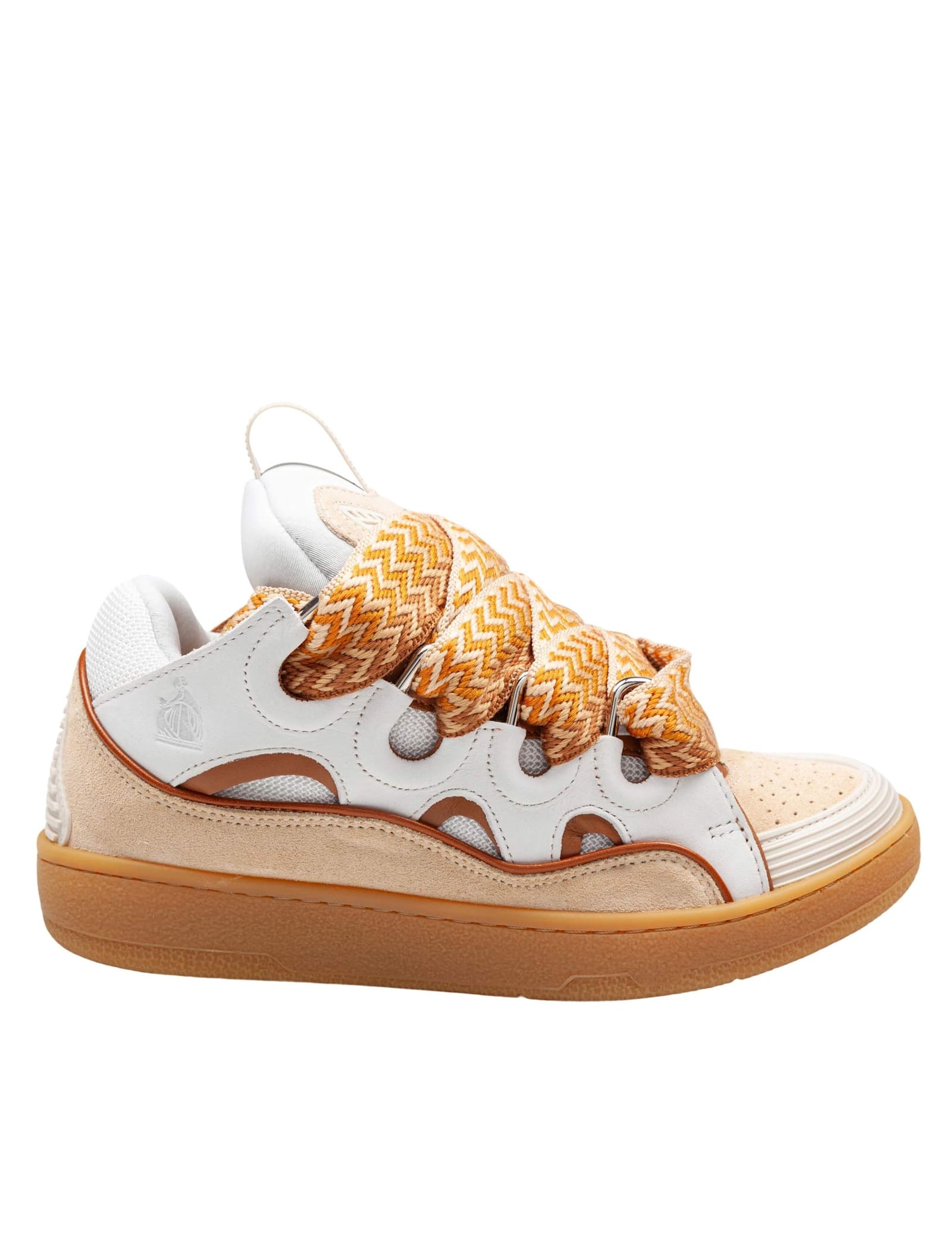 Lanvin Curb Leather And Fabric Sneakers, White And Honey