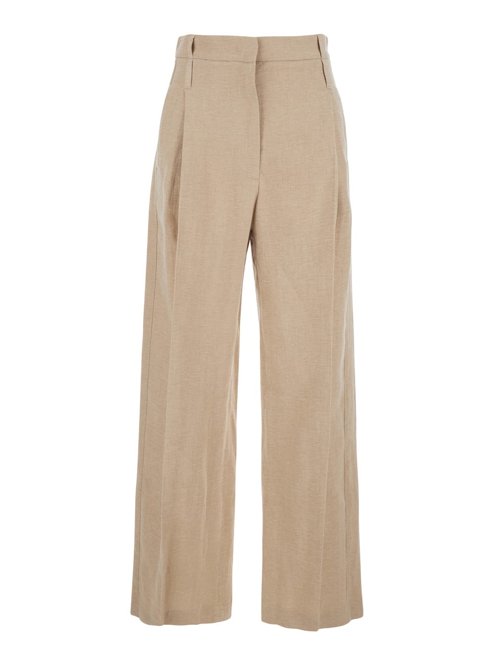 Tela Beige Pants With Pleats On The Front In Linen And Cotton Blend Woman In Neutral