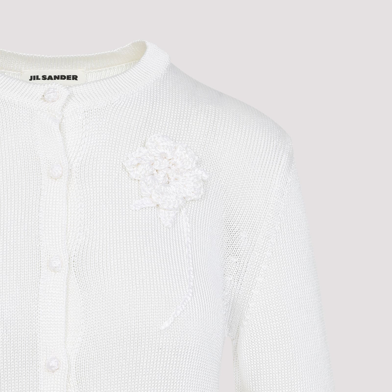 Jil Sander Button-up White Viscose Sweater With Floral Embellishment In Piuma