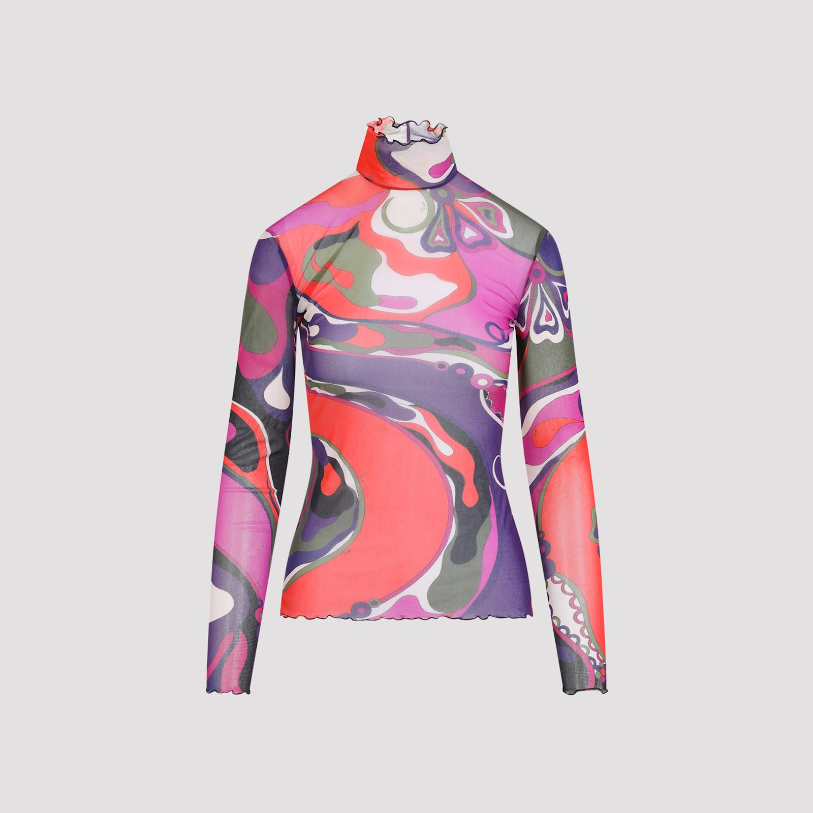Pucci Long Sleeve Sheer Turtleneck Ruffled In Multi