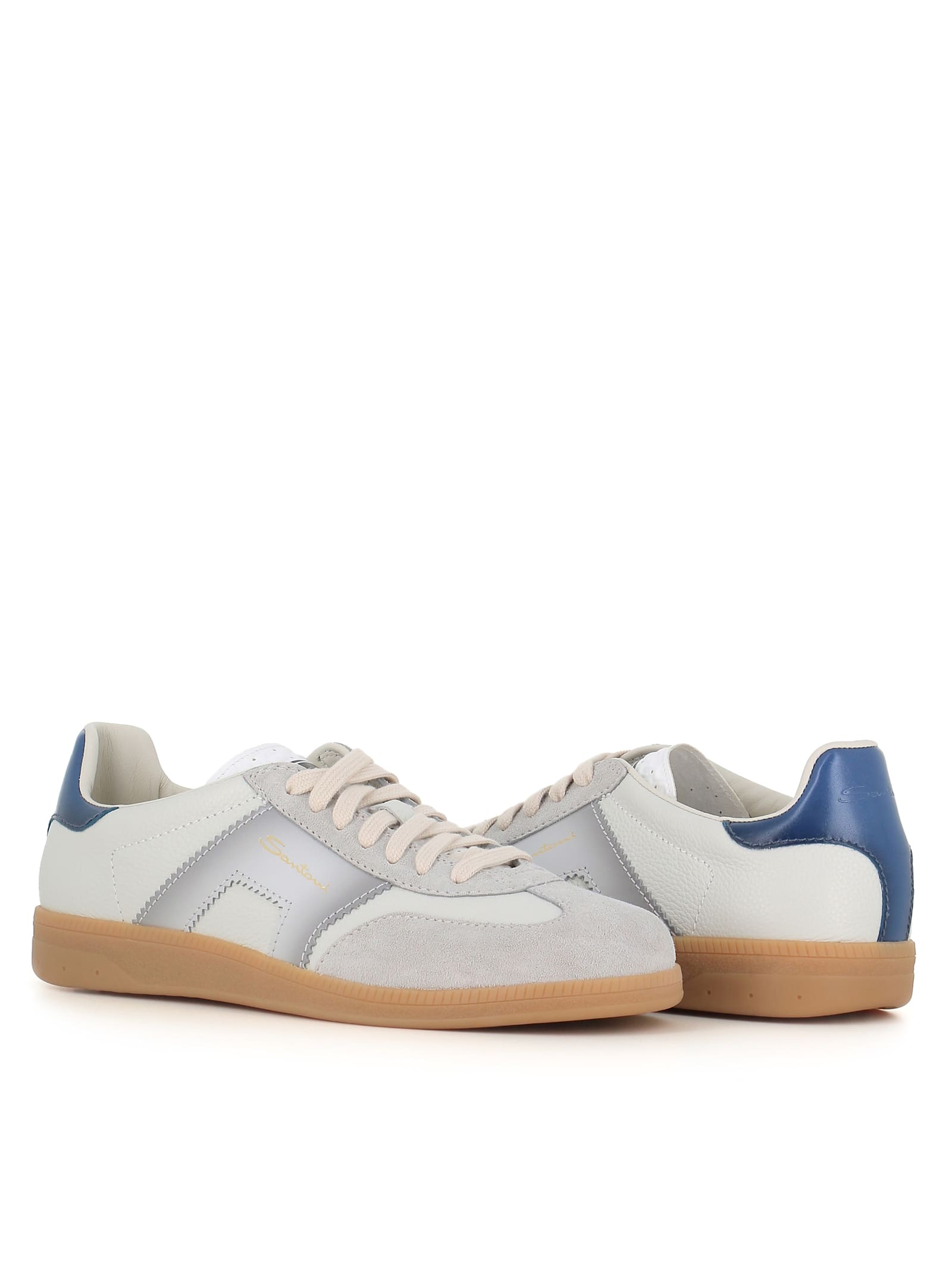 Santoni Dbs Leather And Suede Sneakers In Bianca/blu