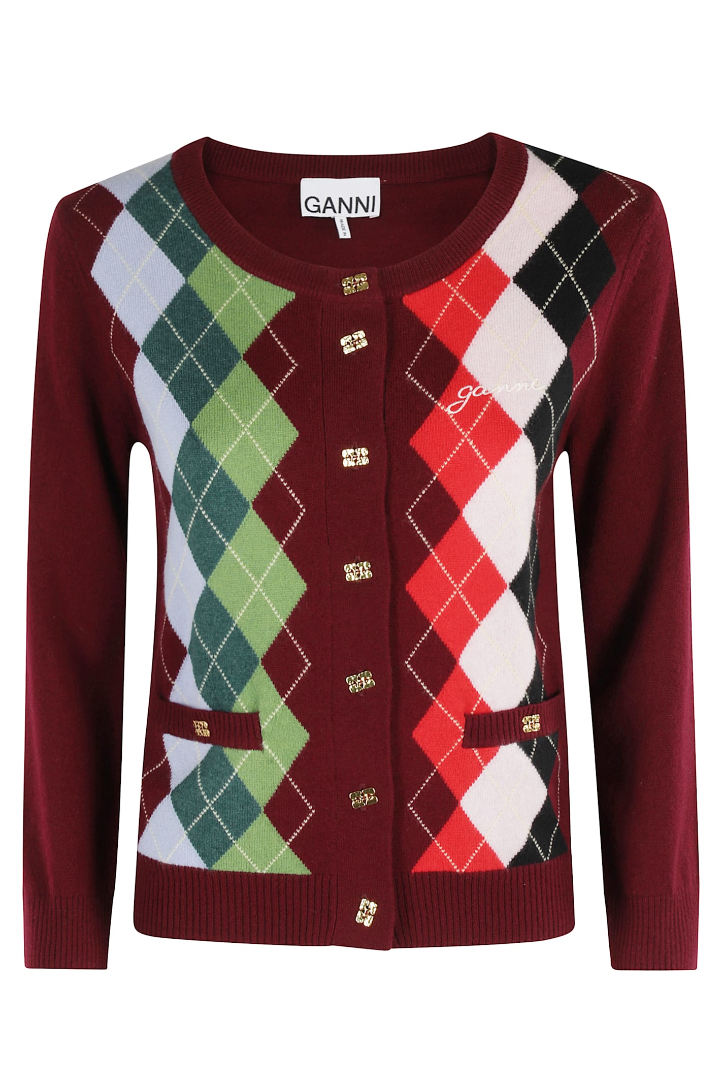Ganni Multicolor Crewneck Cardigan With Jewel Buttons And Gemetric Motif On The Front In Multi