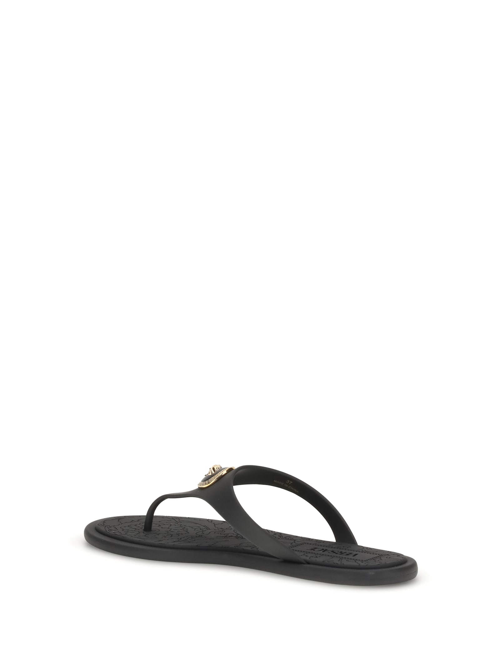 Versace Flat Sole Open Toe Sandals With Medusa Motif In Black