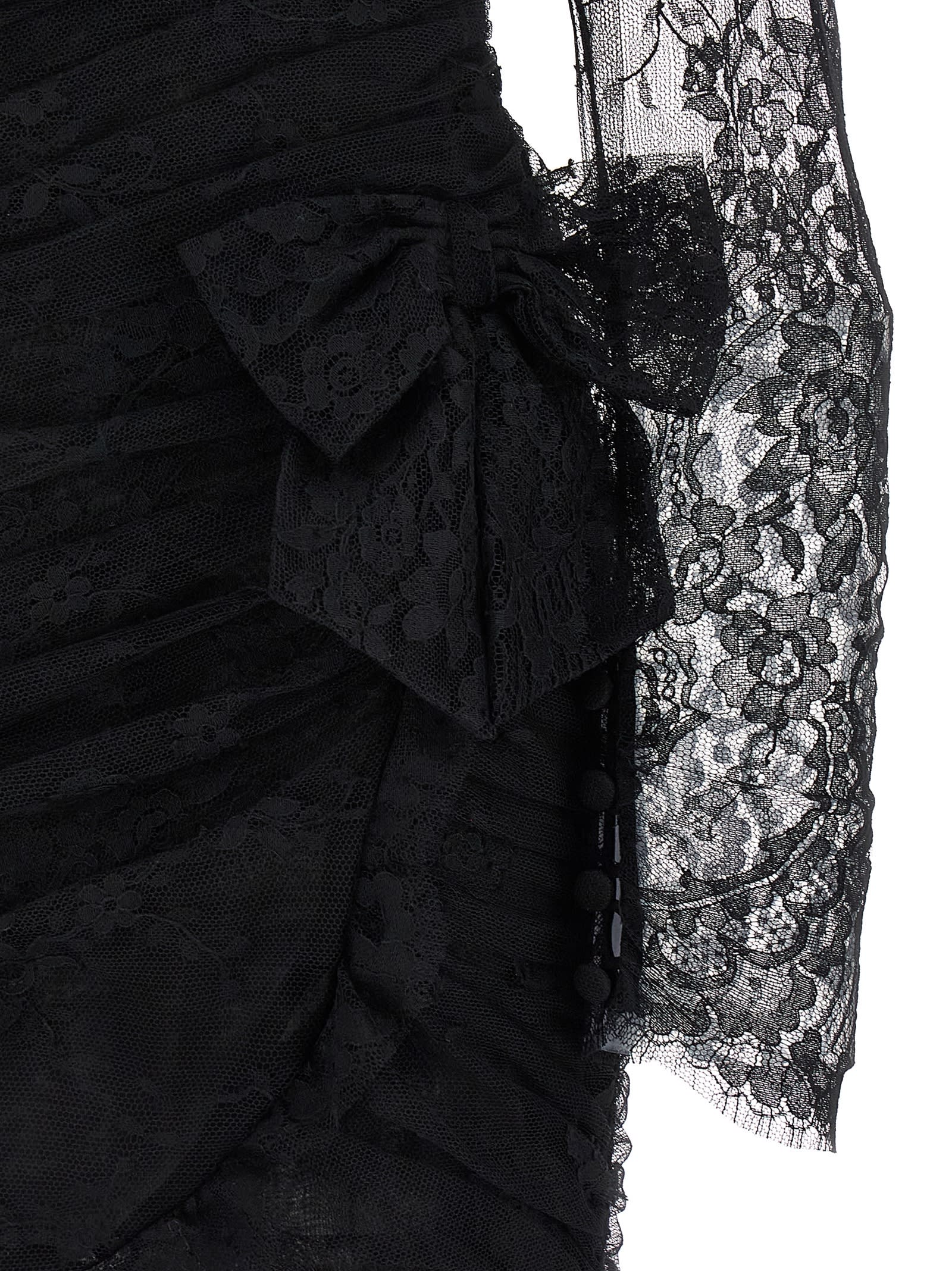 Alessandra Rich Draped Lace Mini Dress With Plunging Neckline In Black