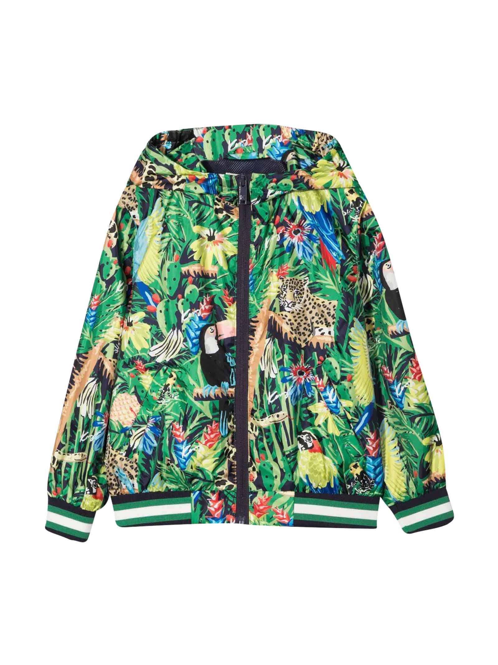 Kenzo Kids Unisex Multicolor Windproof Jacket With All-over Botanical Print With Striped Edges, Classic Hood, Front Zip Closure, Long Sleeves, Ribbed Cuffs, Ribb