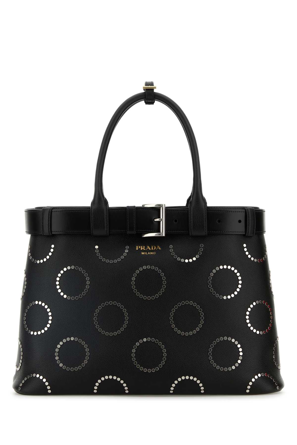 Prada Large Studded Buckle Handbag Top Handle In Black