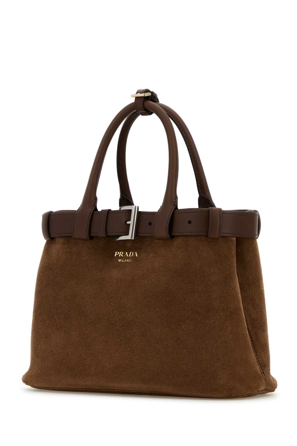 Prada Brown Suede Buckle Medium Handbag In Cacao