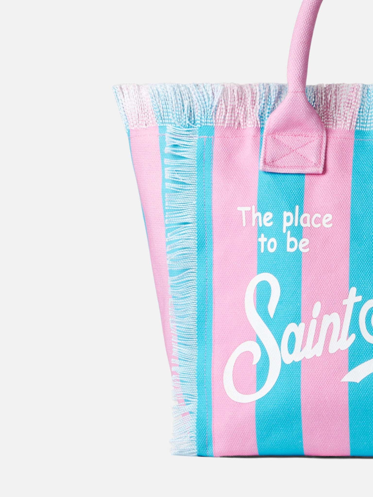 Shop Mc2 Saint Barth Vanity Canvas Shoulder Bag With Pink And Bluette Stripes