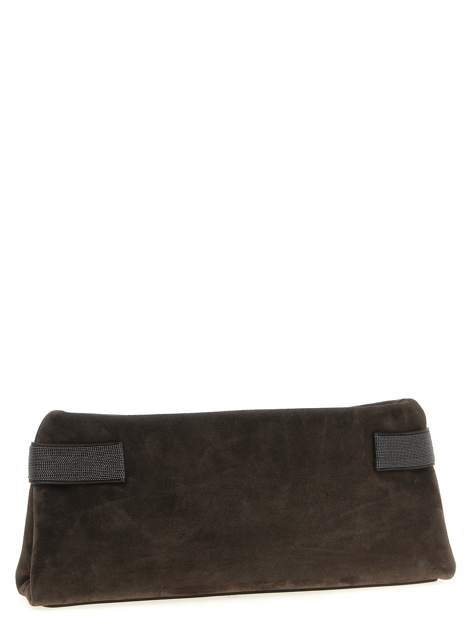 Brunello Cucinelli Suede Pochette With Monili Detail In Brown