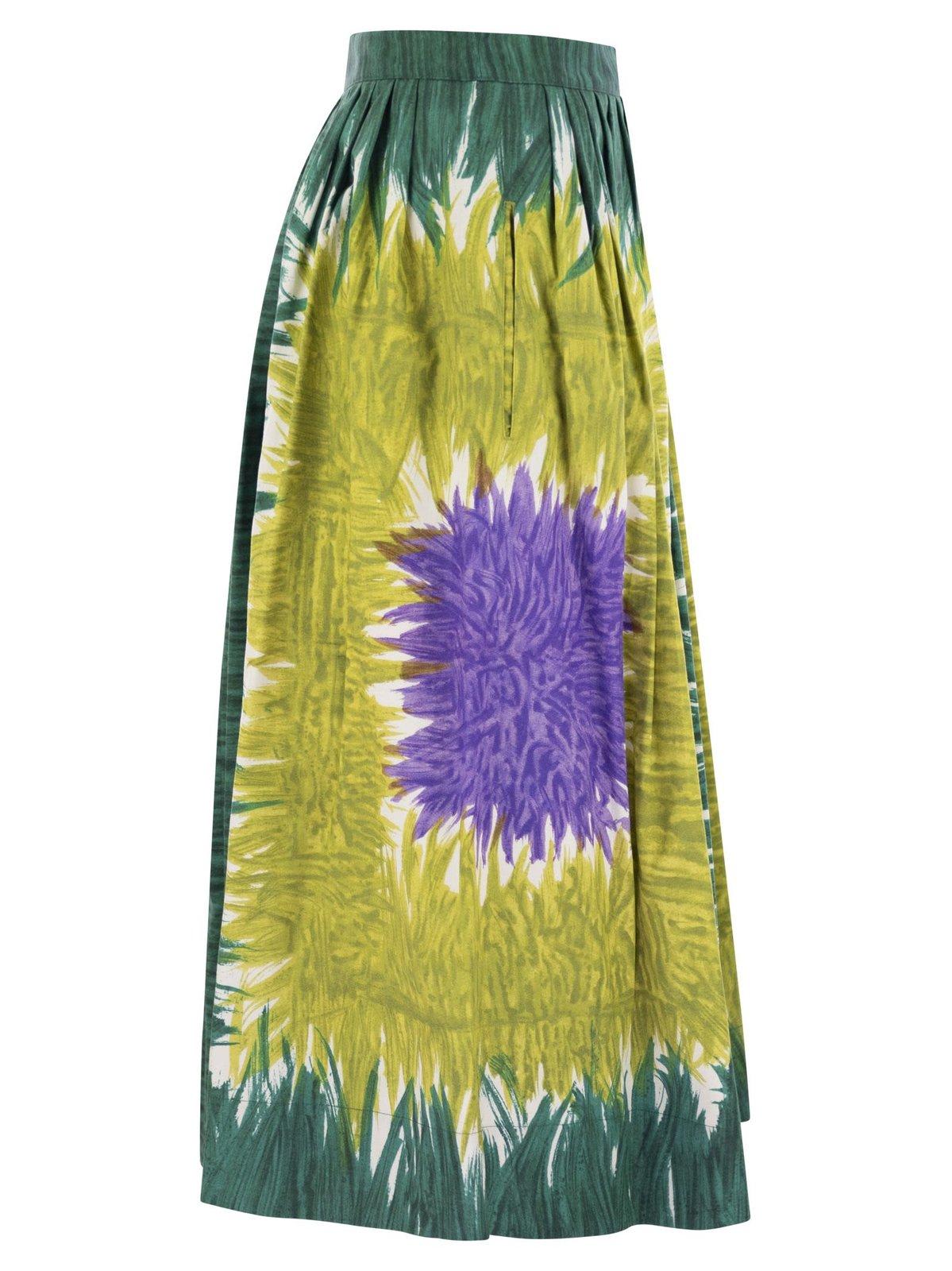 Weekend Max Mara Omens Green Circeo Graphic-print Cotton-poplin Midi Skirt In Multi