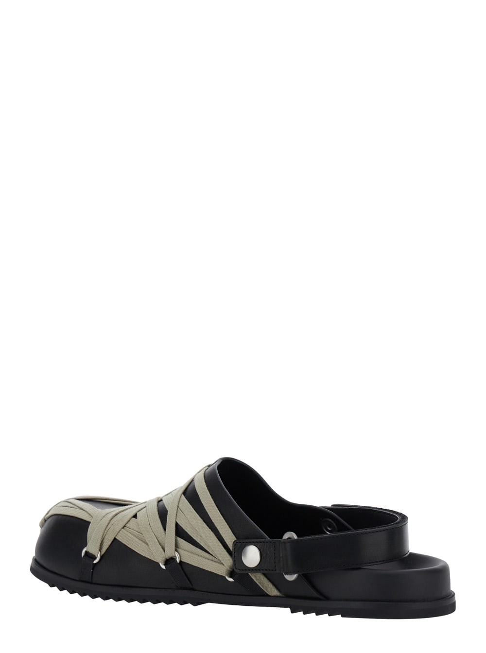 Rick Owens Black Mules With Oversize Decorative Laces And Buckle Closure In Leather Man In Animal Print