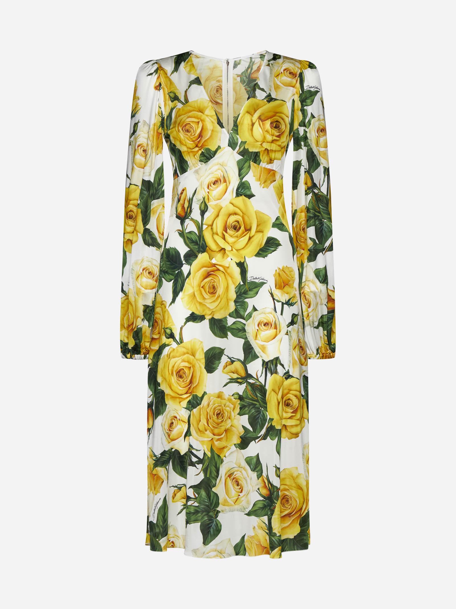 Shop Dolce & Gabbana Print Silk Midi Dress In Yellow