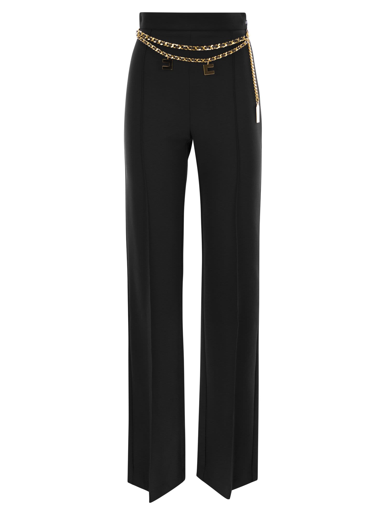 Shop Elisabetta Franchi Stretch Crepe Palazzo Trousers With Belt In Black