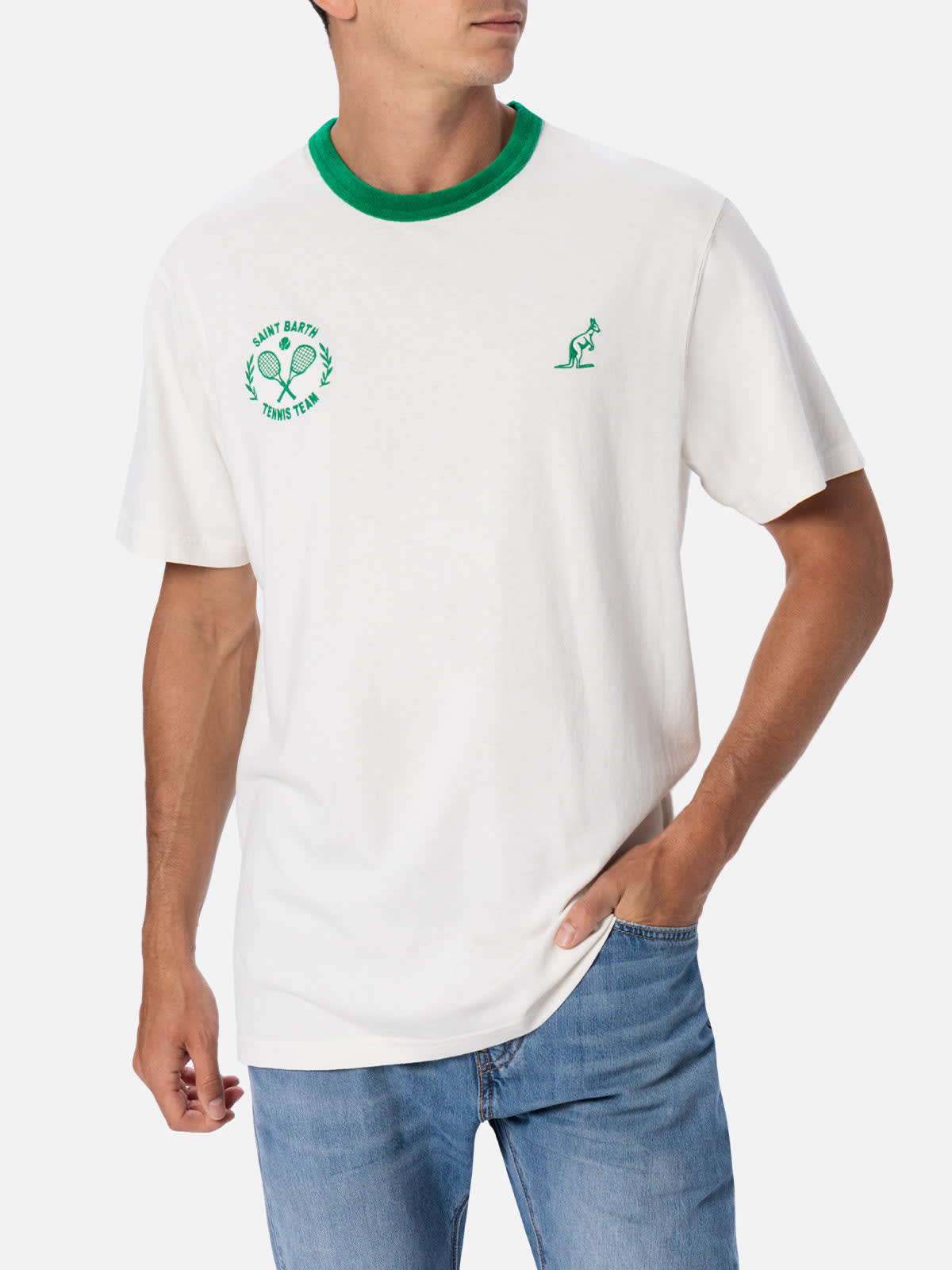 Shop Mc2 Saint Barth Man White Cotton T-shirt Dover With Australian Embroidery Australian Brand Special Edition