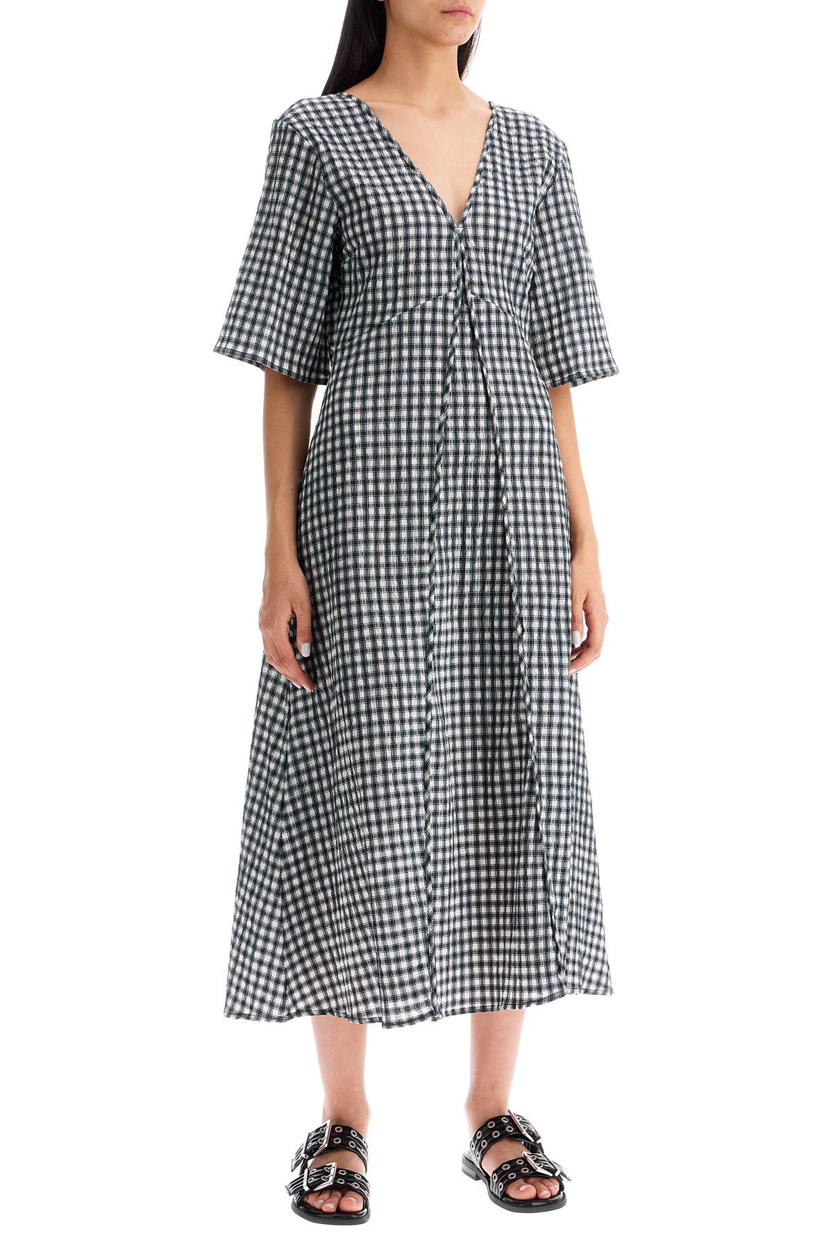 Shop Ganni Midi Seersucker Check Dress In Egret (white)