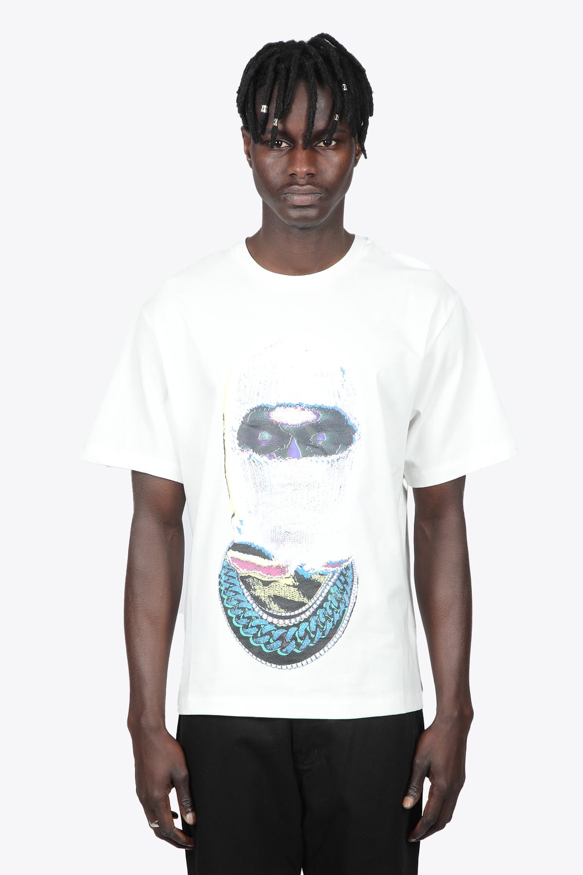 Ih nom uh nit T-shirt Relaxed Fit With Mask21 Milk On Front Off-white cotton t-shirt with photographic print