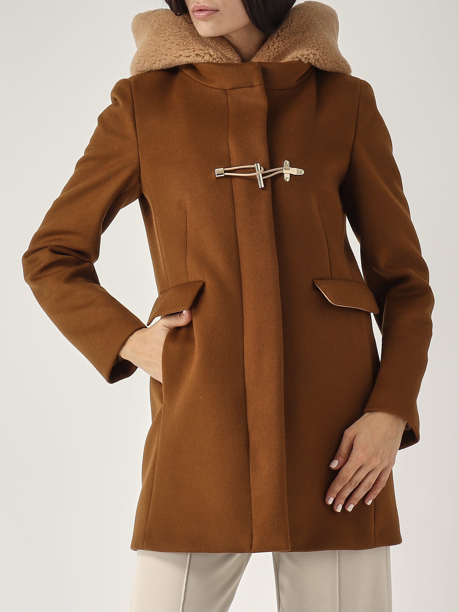 Shop Fay Toggle Coat Db Front Teddy Coat In Cuoio Scuro