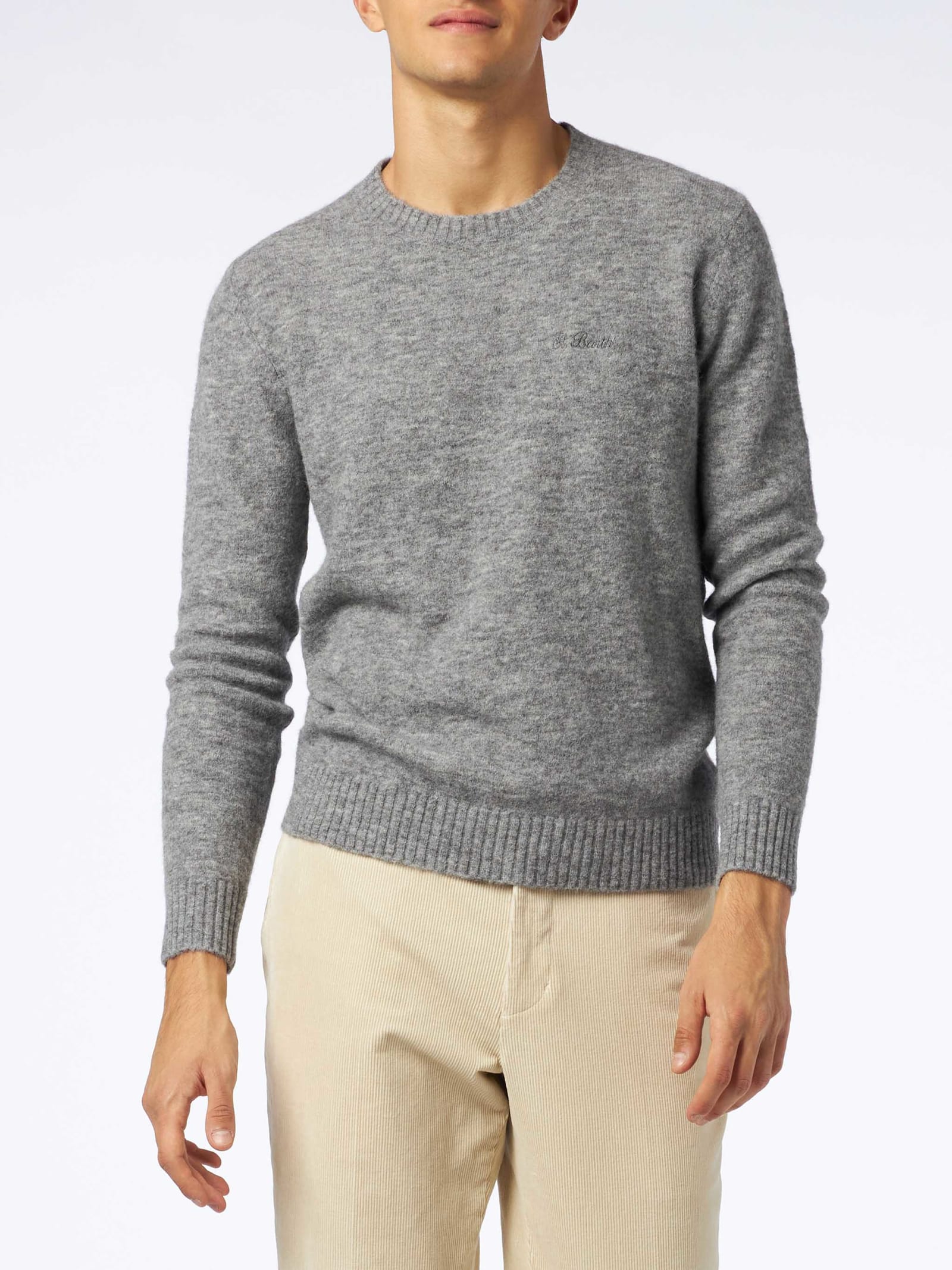 Shop Mc2 Saint Barth Man Grey Mélange Stretch Wool Sweater With St. Barth Embroidery