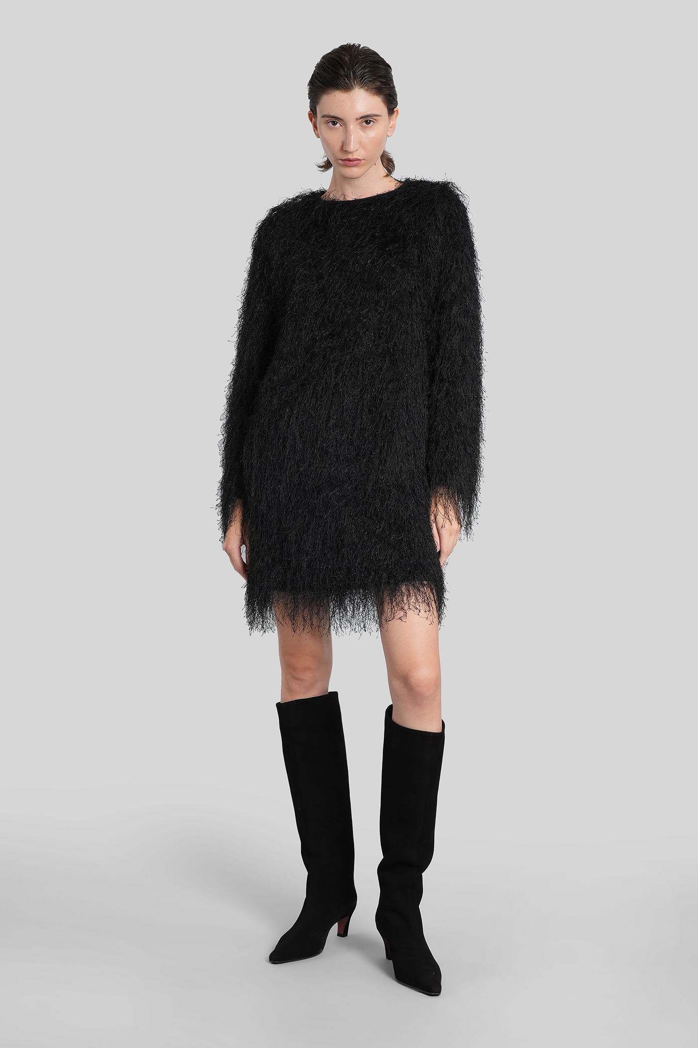 Loulou Studio Fringed Dress With Long Sleeves And Round Neckline In Black