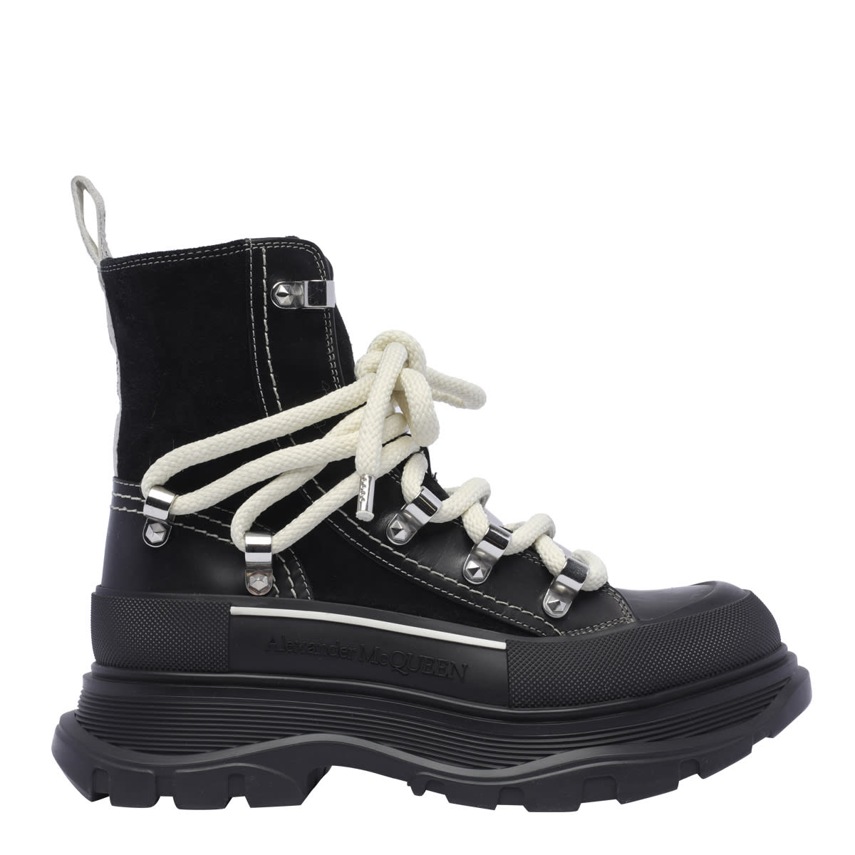 Alexander Mcqueen 50mm Lace-up Ankle Boots In Black/new Ivory/sil