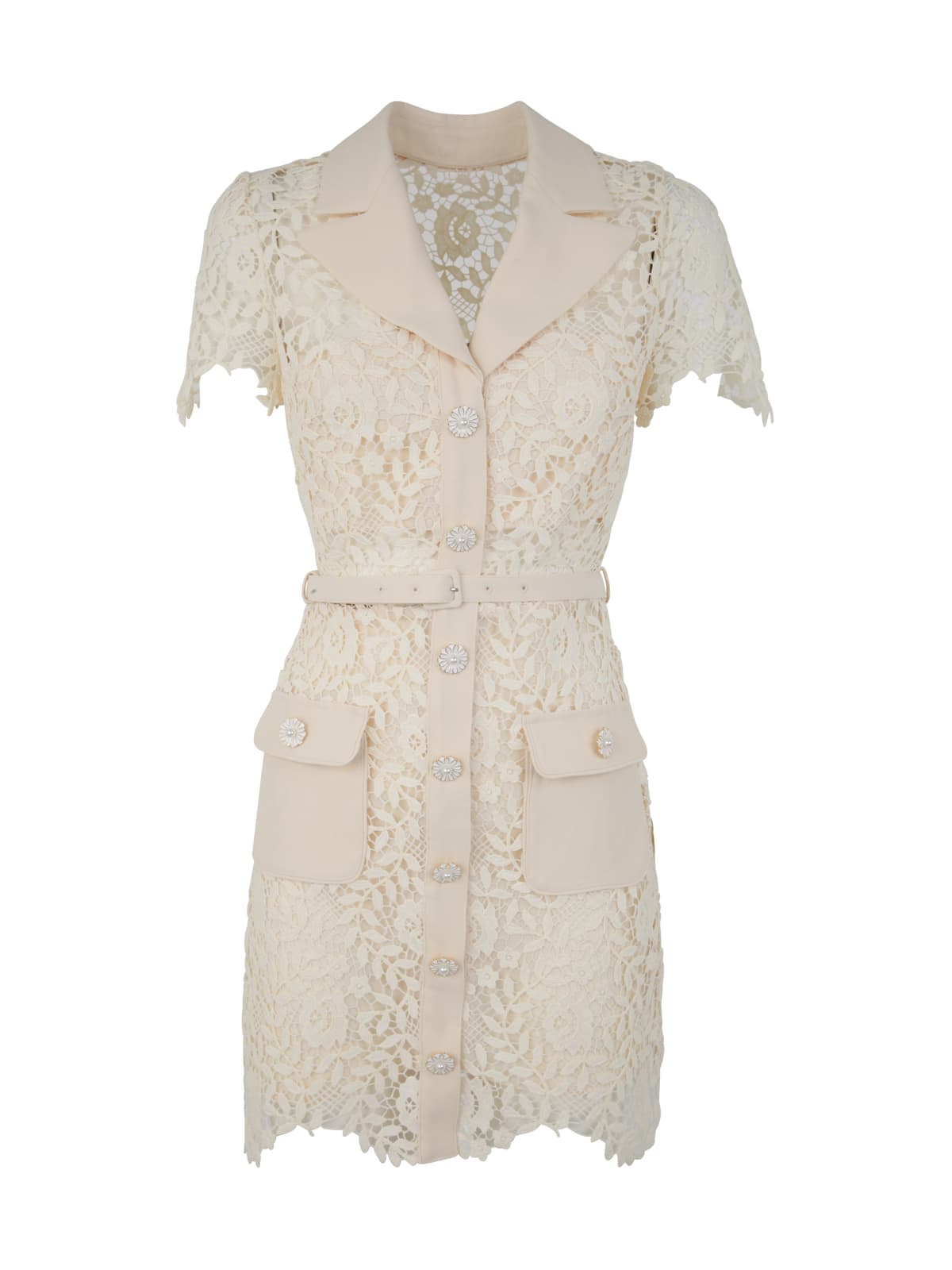 Self-portrait Lace Belted Mini Dress In Cream