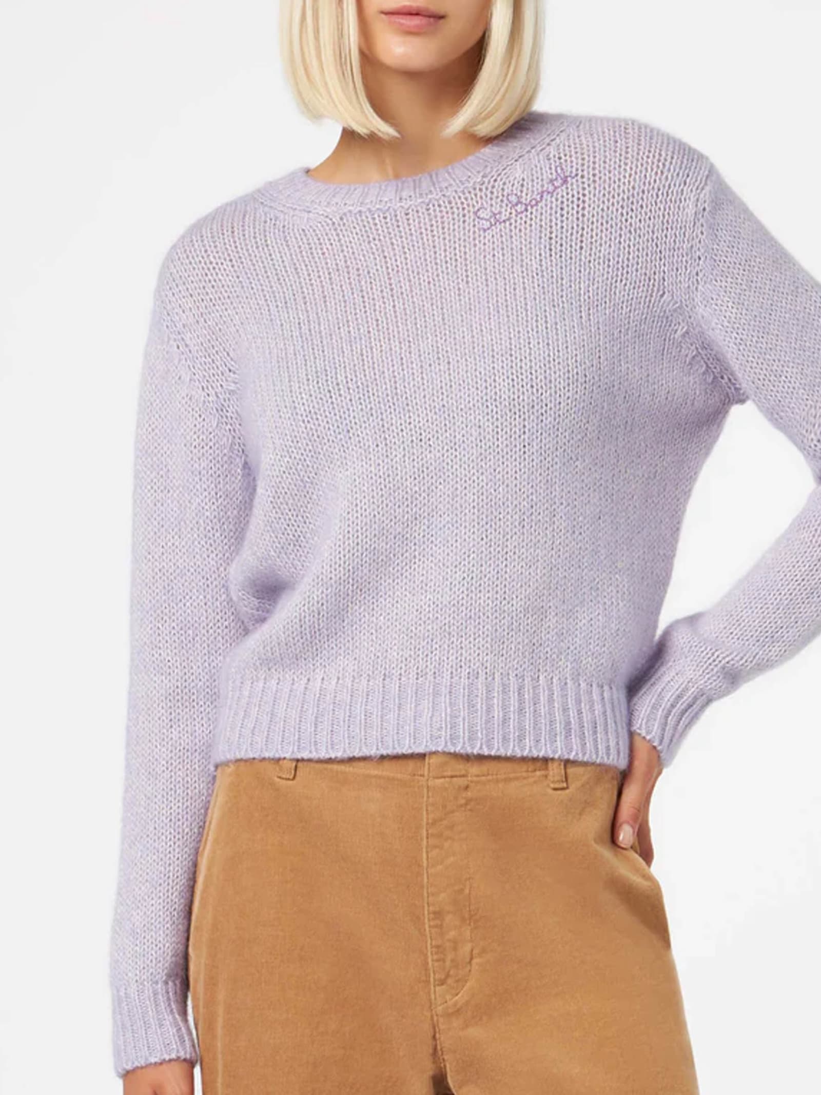 Shop Mc2 Saint Barth Woman Crewneck Lilac Soft Sweater With St. Barth Embroidery In Pink