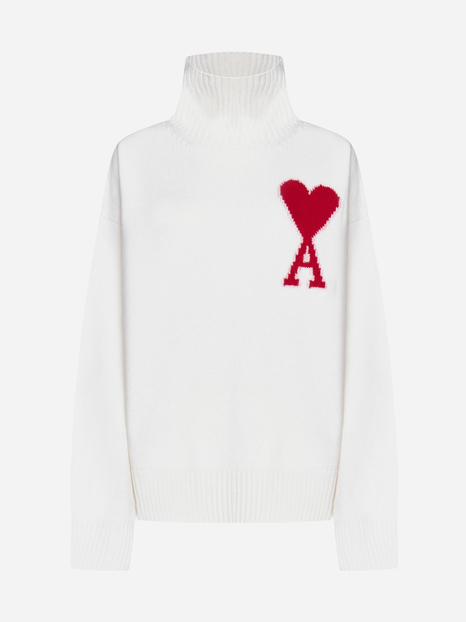 Shop Ami Alexandre Mattiussi Logo Wool Turtleneck In Off White/red