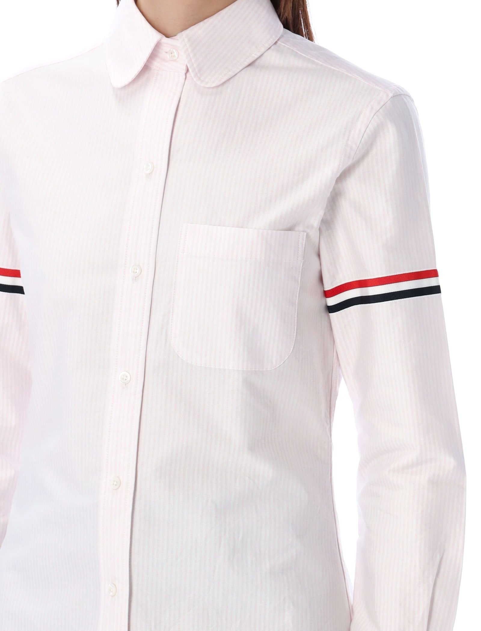 Shop Thom Browne Stripe Oxford Armband Classic Round Collar Shirt In Light Pink\\white Stripes