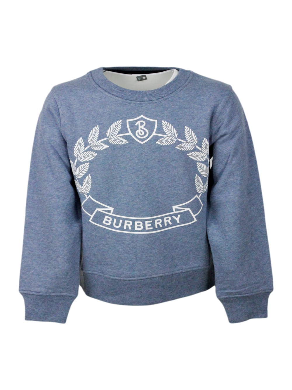 Shop Burberry Crewneck Sweatshirt In Cotton Jersey With White Logo Print On The Front In Light Blu