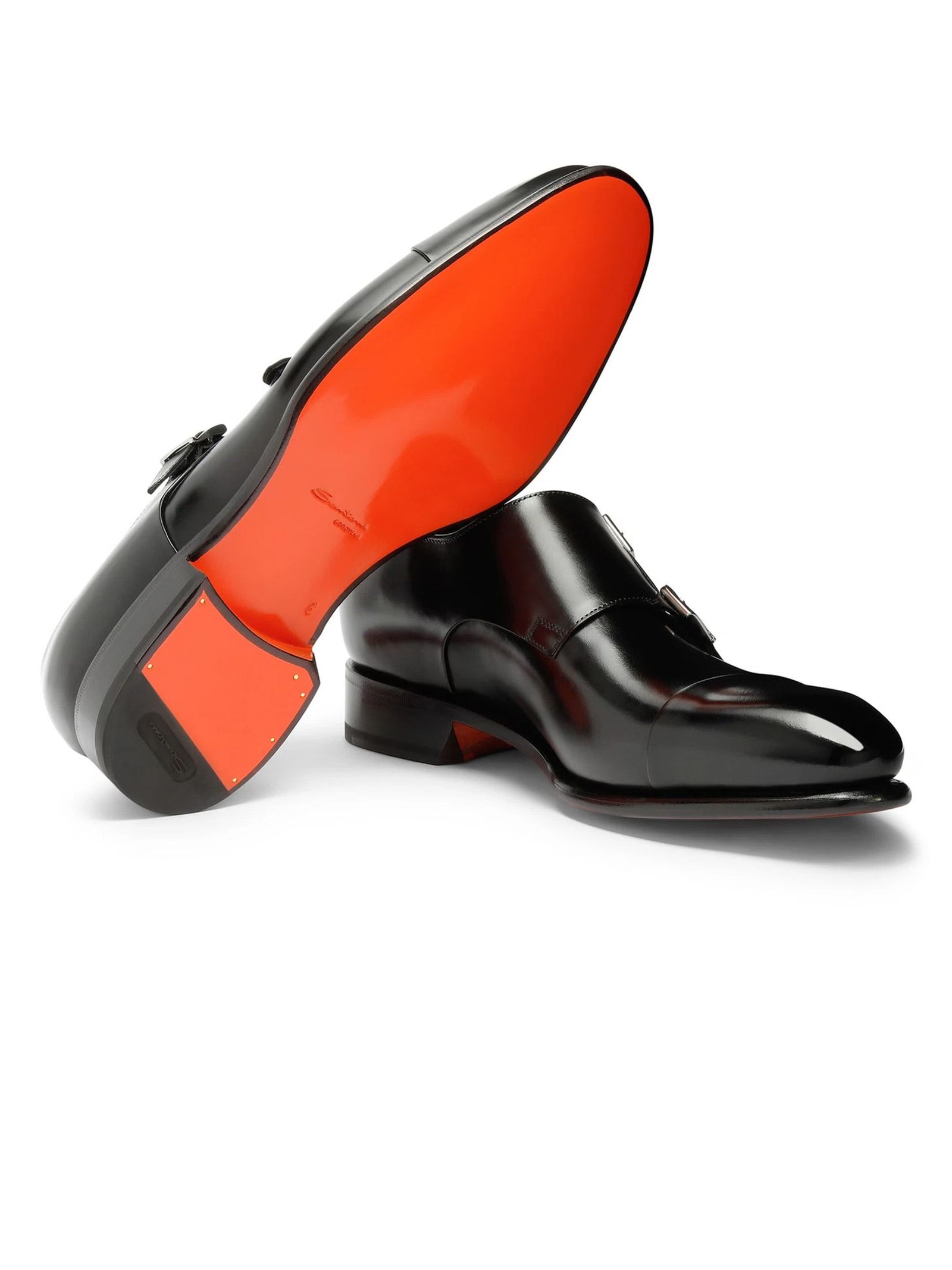 Shop Santoni Black Polished Leather Double-buckle Shoe