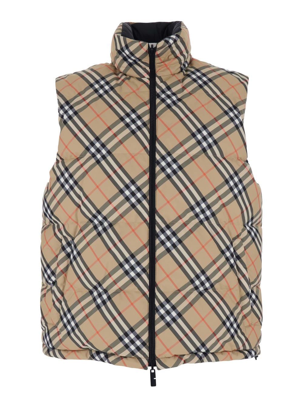 Burberry Beige Sleeveless Reversible Down Jacket With High Neck And All-over Check Motif In Tech Fabric Man In Multi