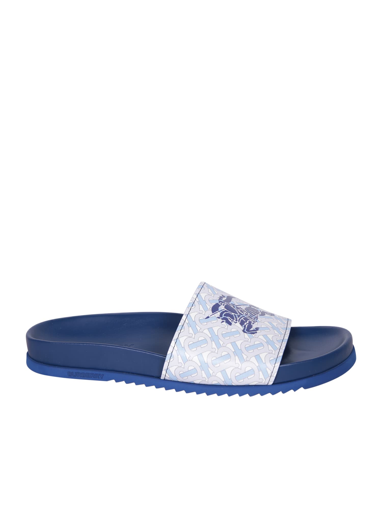 Burberry Ekd Monogram-print Leather Slides In Blue