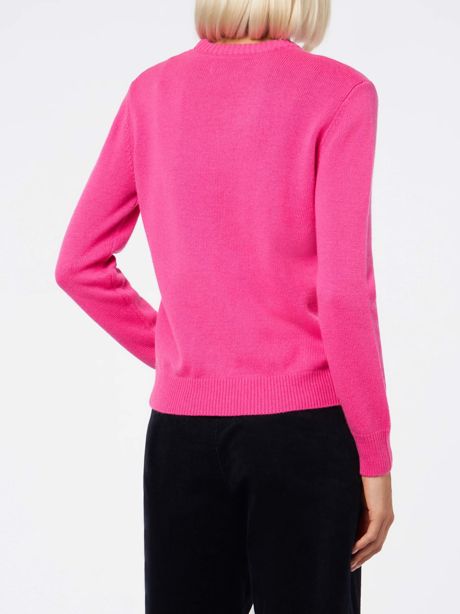 Shop Mc2 Saint Barth Woman Crewneck Fluo Pink Sweater With I Hate Mountains Postcard Print