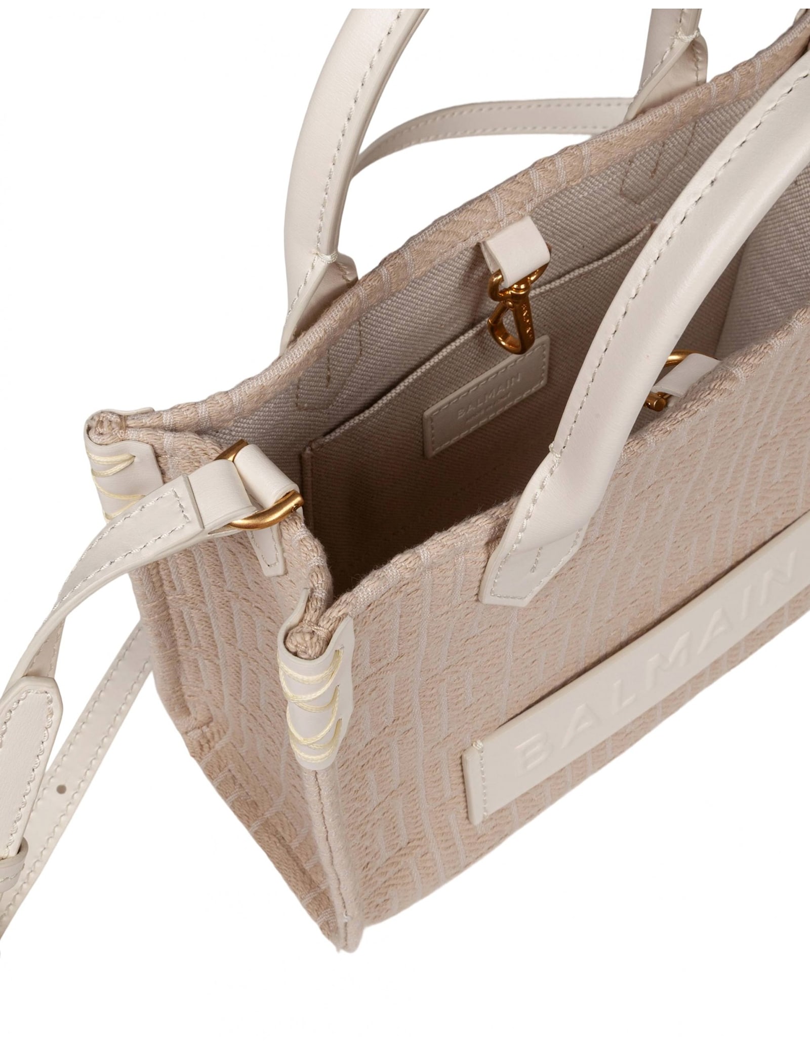 Balmain B-army 36 Monogrammed Canvas Jacquard And Leather Tote Bag In Neutral
