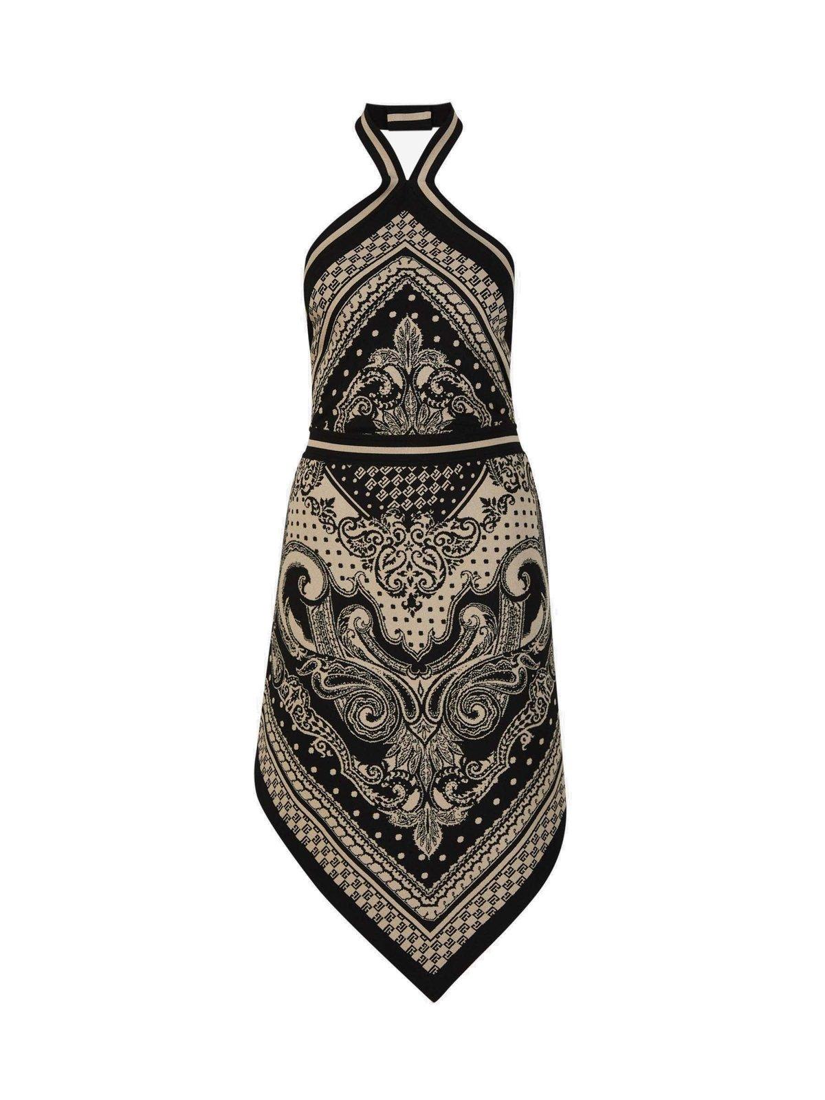 Shop Balmain Backless Knit Paisley Monogram Dress In Avorio/nero