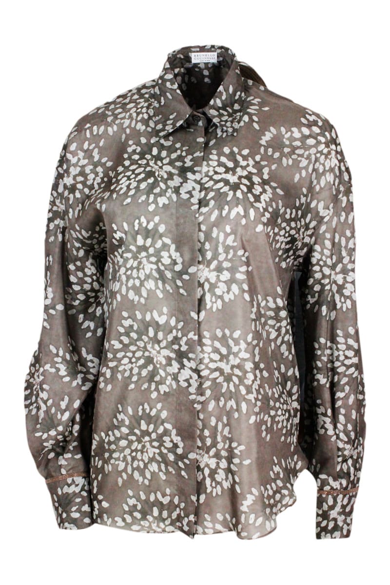 Brunello Cucinelli Silk Shirt In Ponge Broderie Print With Delicate Floral Pattern And With Brilliant Monili On The Cuffs Of The Sleeves