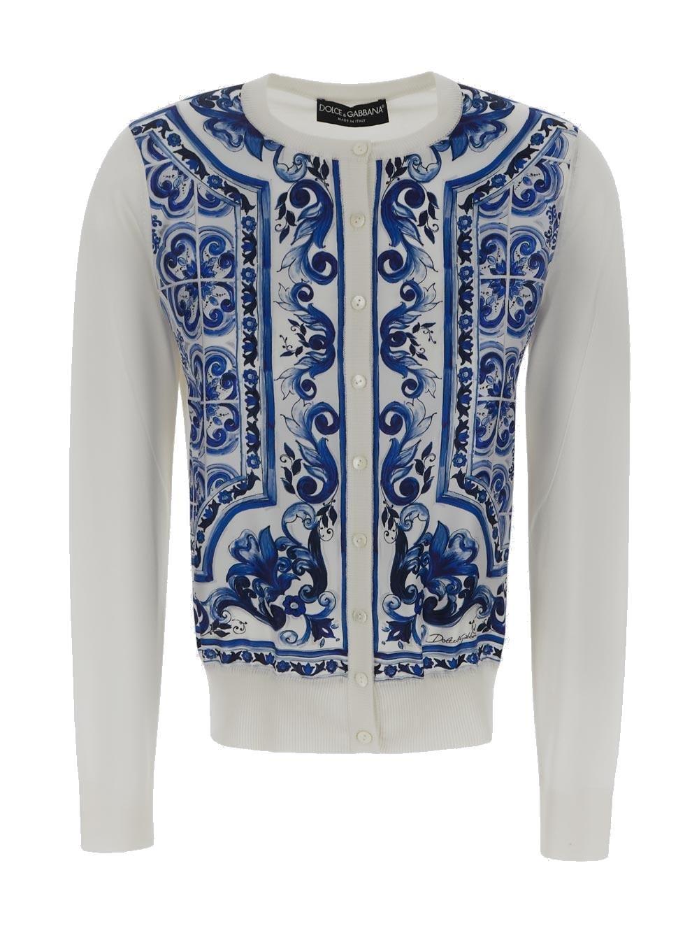 Shop Dolce & Gabbana Majolica-print Round Neck Cardigan In Clear Blue