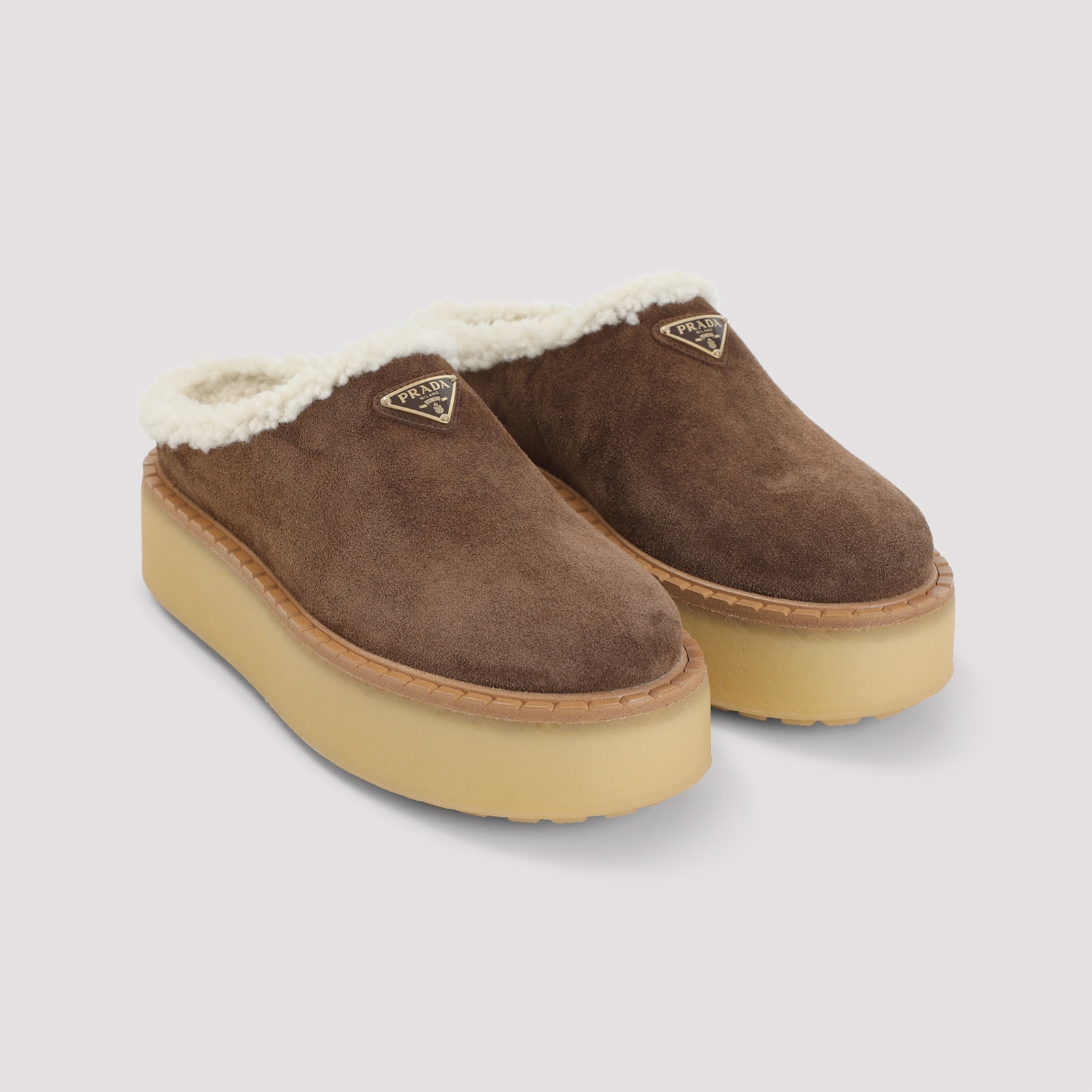Prada Brown Suede Mules With Shearling Trim And Plush Lining In Brown
