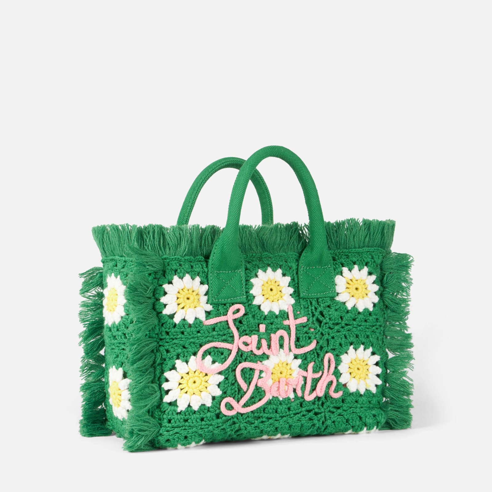 Shop Mc2 Saint Barth Colette Handbag With Crochet Flower Patches In Green