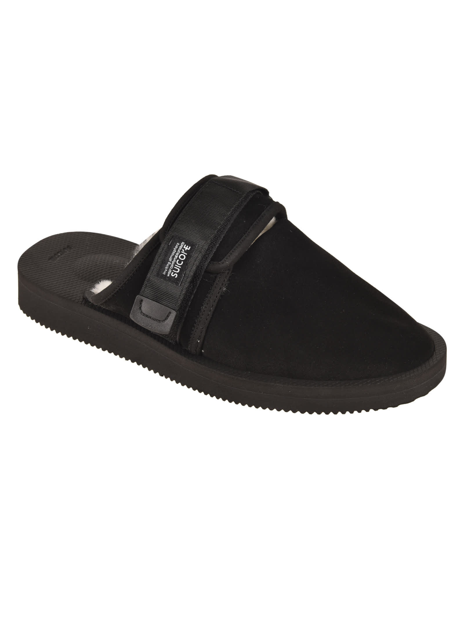 Shop Suicoke Fur Applique Side Strap Sandals In Black