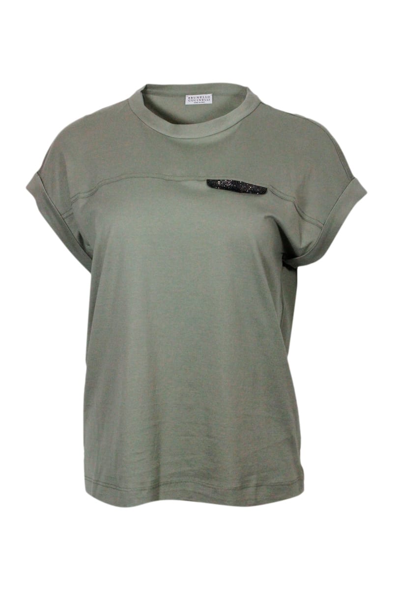 BRUNELLO CUCINELLI SHORT-SLEEVED CREW-NECK COTTON T-SHIRT EMBELLISHED WITH JEVEL ON THE CHEST