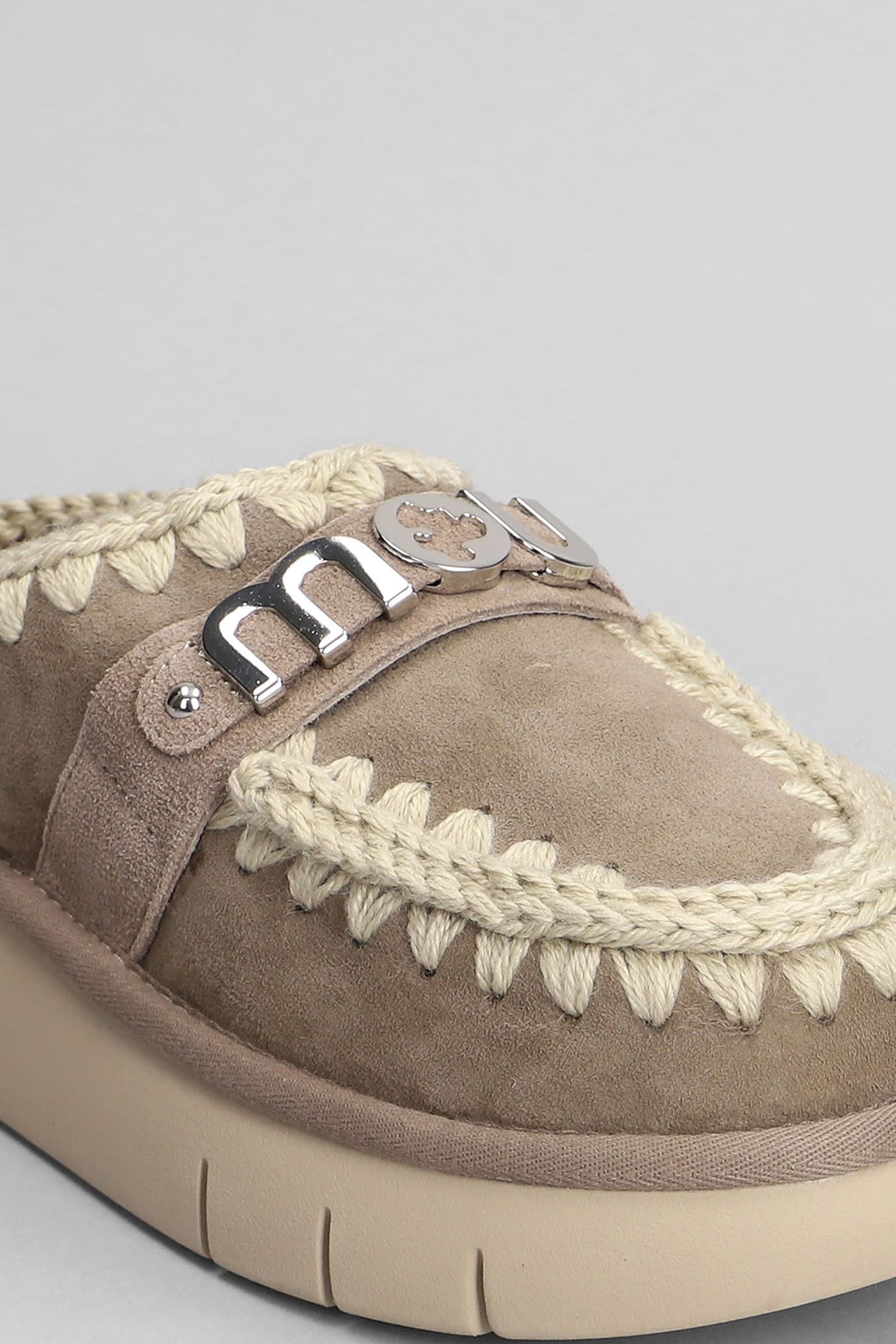 Mou 'bounce' Brown Mules With Logo Lettering And Open Rear In Grey