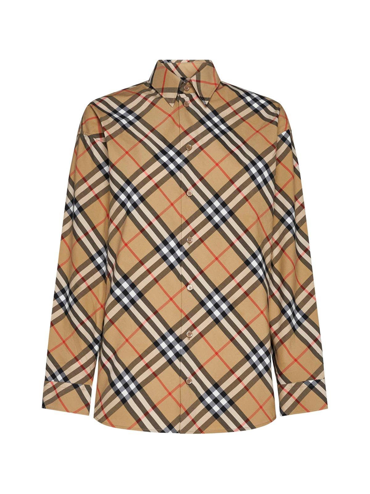 Burberry Beige Shirt With Classic Collar And All-over Check Motif In Cotton Woman In Sand Ip Check